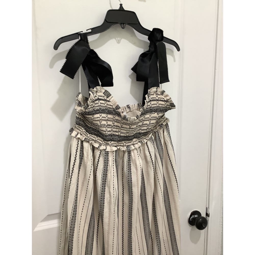 LOVELO Striped Smocked Maxi Dress Cream Black Ribbon Tie Straps Boho Large